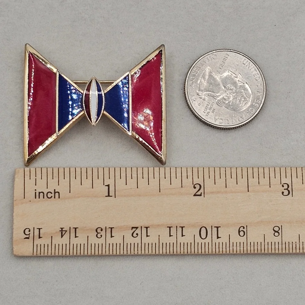 Vintage Red Blue White Enamel Geometric Bow Brooch Gold Tone Pin